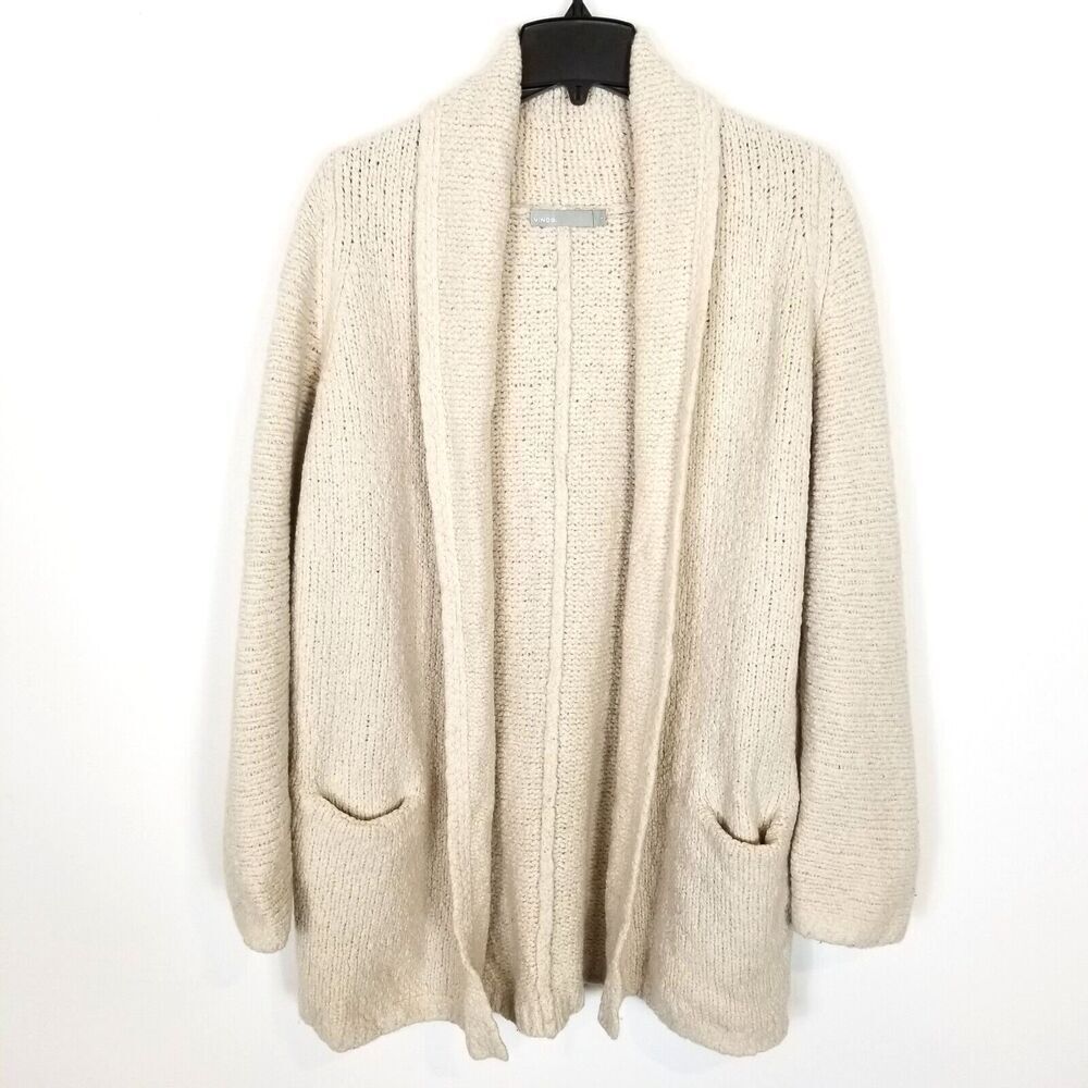 Vince Woman Shawl Collar Wool Cardigan Sz L Open Ivory Textured Knit Pockets